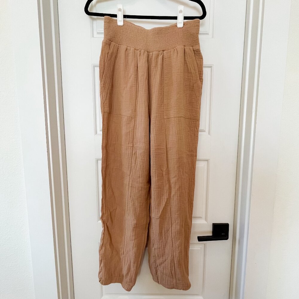 NWT Mocha Gauze Linen Joggers L – Smocked Waist Elastic Ankle Pants Summer